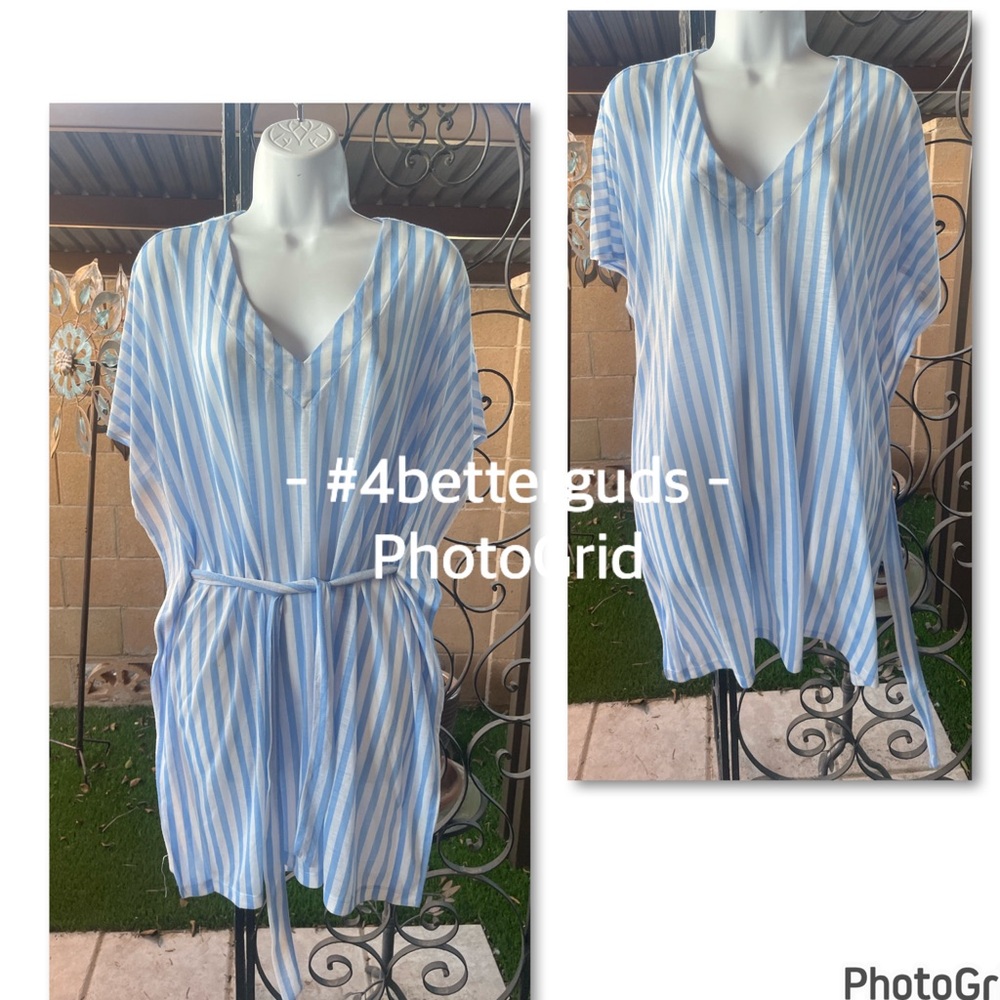 H&M Striped V-Neck Tunic Belted Tie Waist Swimsuit Cover Up Very Oversized MD - Picture 4 of 15